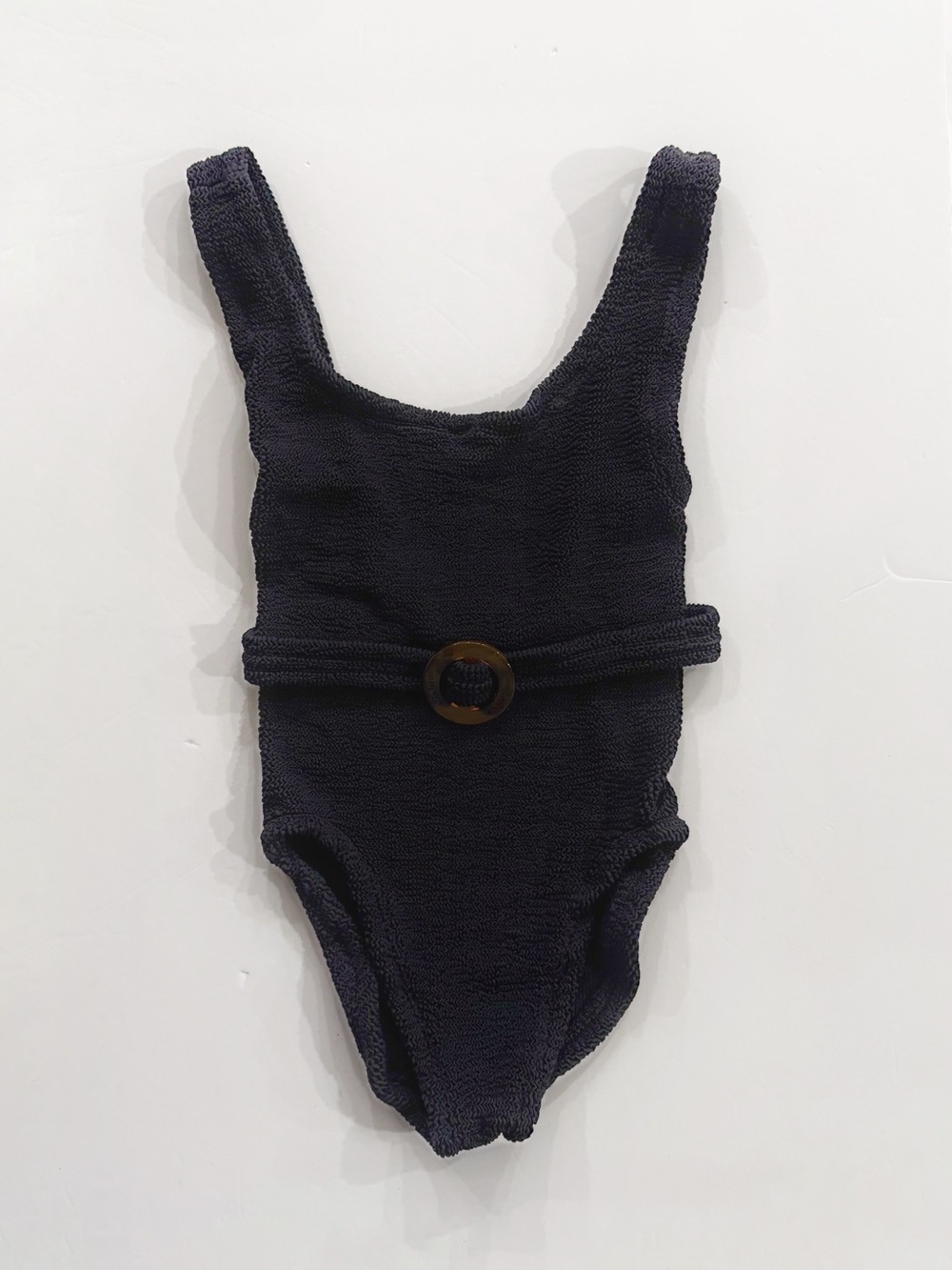 Hunza G Women's Black Crinkle Belted One Piece Swimsuit Retro Resort Chic Luxury